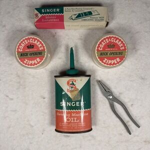 Vintage Singer Sewing Machine Oil & Lubricant Lot Coats Clark Zipper Tins